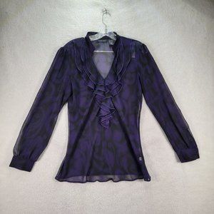 Y2K New York Company Purple Retro Print Ruffle V Neck Sheer Cocktail Blouse Top